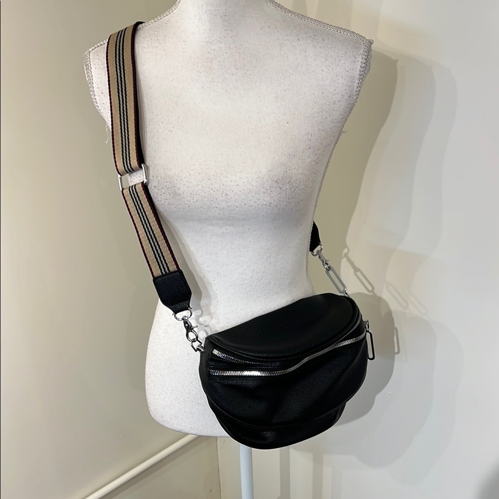 Black Crossbody Bag with Striped Strap